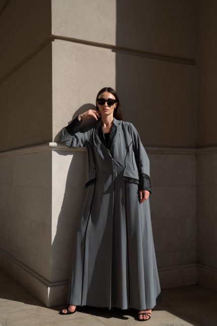Gray crepe material abaya with black lace on the sleeve - collar and pocket