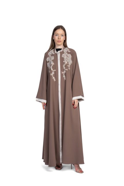 Abaya Light brown crepe  with  ivory border - Shak on shoulde
